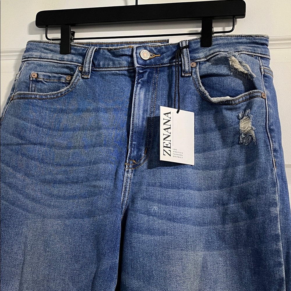 Zenana Distressed Kick Dark Blue Flare Jeans with Raw Hem Size 30 - Picture 4 of 8